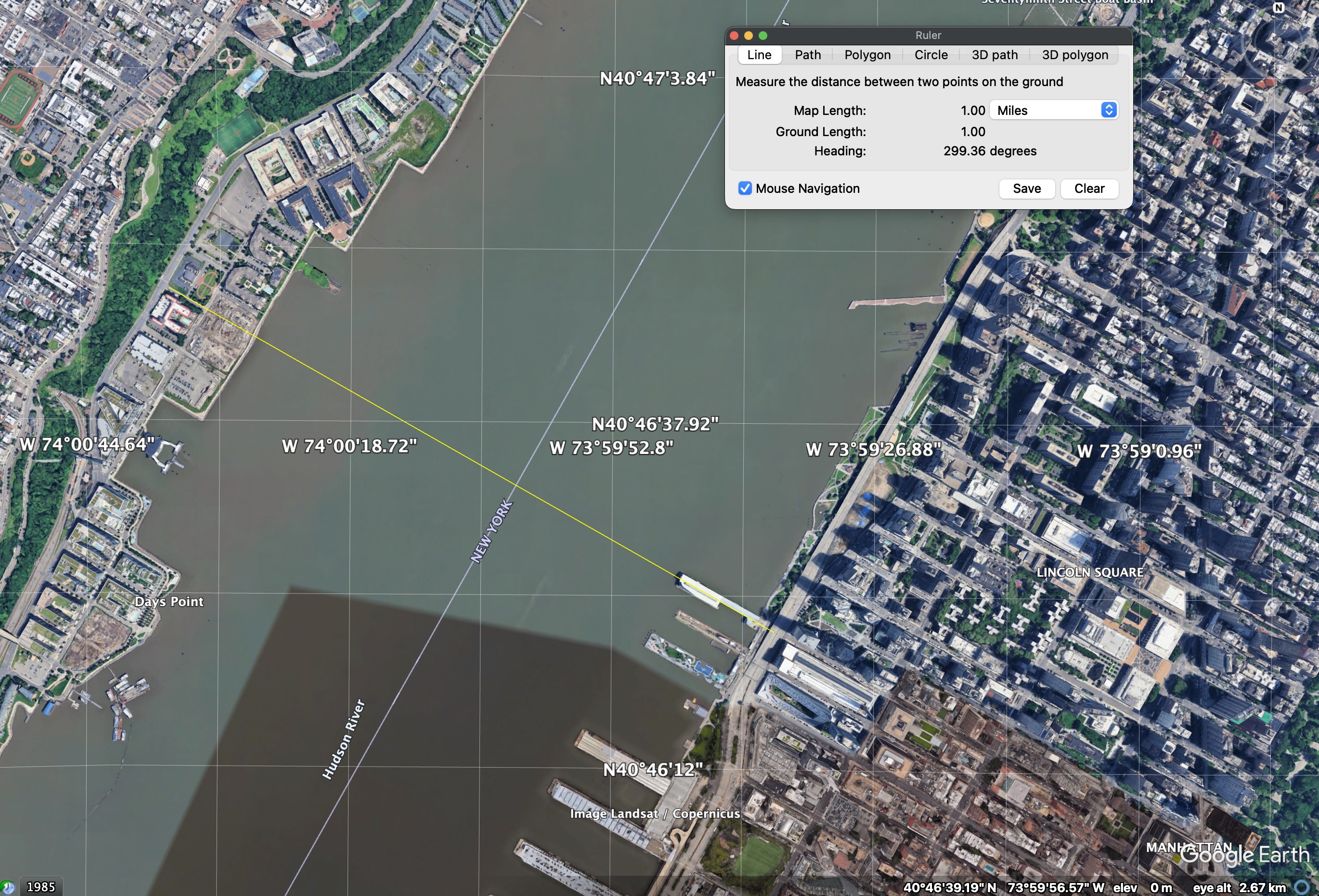 Google Earth view of proposed tunnel alignment from W59th Street & 12th Ave, Manhattan, to Weehawken, NJ, across the Hudson River